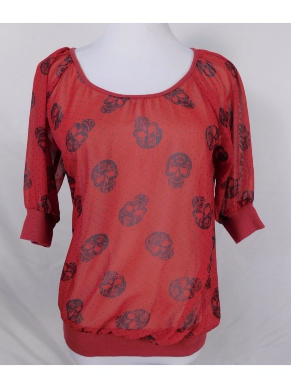 Eyelash Couture Red Sheer Top Small With Black Skull Print & Polka Dots